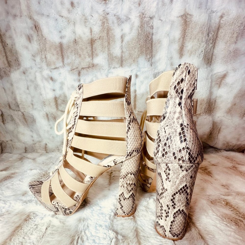Cape Robbin Nude Open Toe Snake Print 5" Chunky Heel